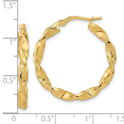 14K Gelbgold Poliert und Strukturiert Gedreht Creolen