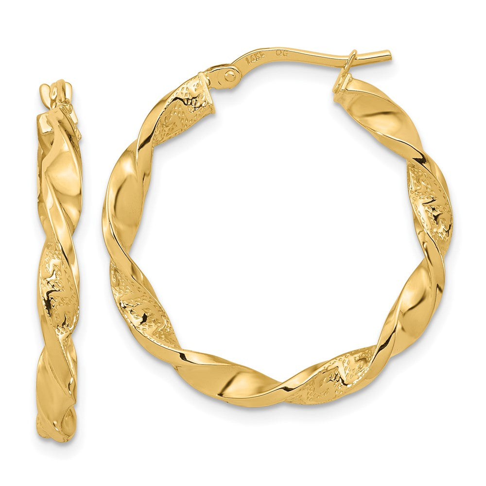 14K Gelbgold Poliert und Strukturiert Gedreht Creolen