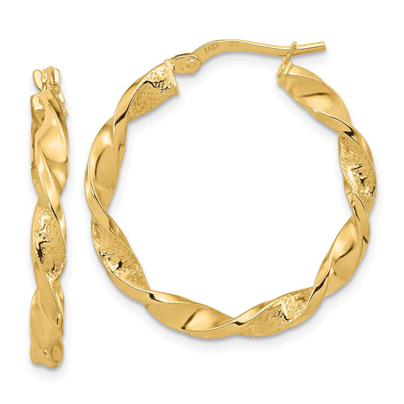 14K Gelbgold Poliert und Strukturiert Gedreht Creolen