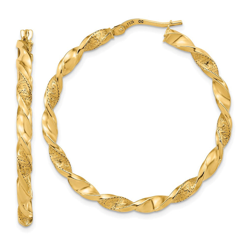 14K Gelbgold Poliert und Strukturiert Gedreht Creolen