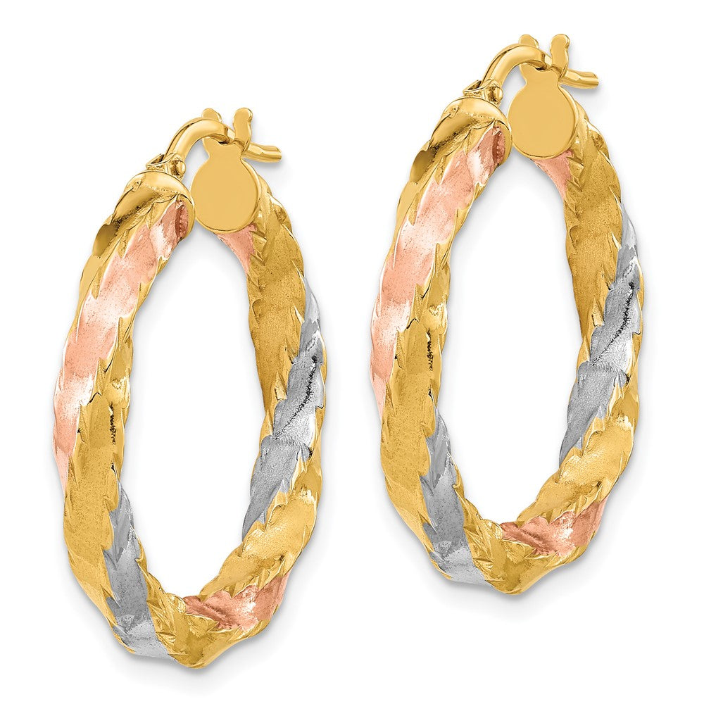 14K Gelb & Rhodium mit Rose Weiß Poliert Gedreht Creolen