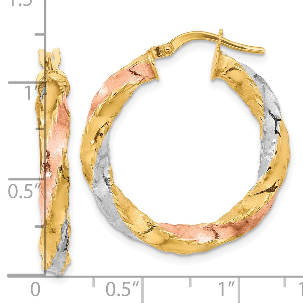 14K Gelb & Rhodium mit Rose Weiß Poliert Gedreht Creolen