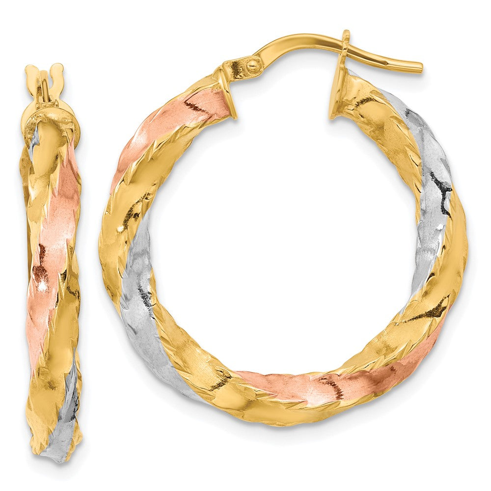 14K Gelb & Rhodium mit Rose Weiß Poliert Gedreht Creolen