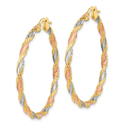 14K Gelb & Rhodium mit Rose Weiß Strukturiert Gedreht Creolen