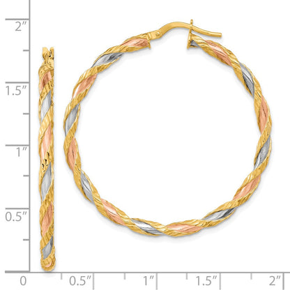 14K Gelb & Rhodium mit Rose Weiß Strukturiert Gedreht Creolen