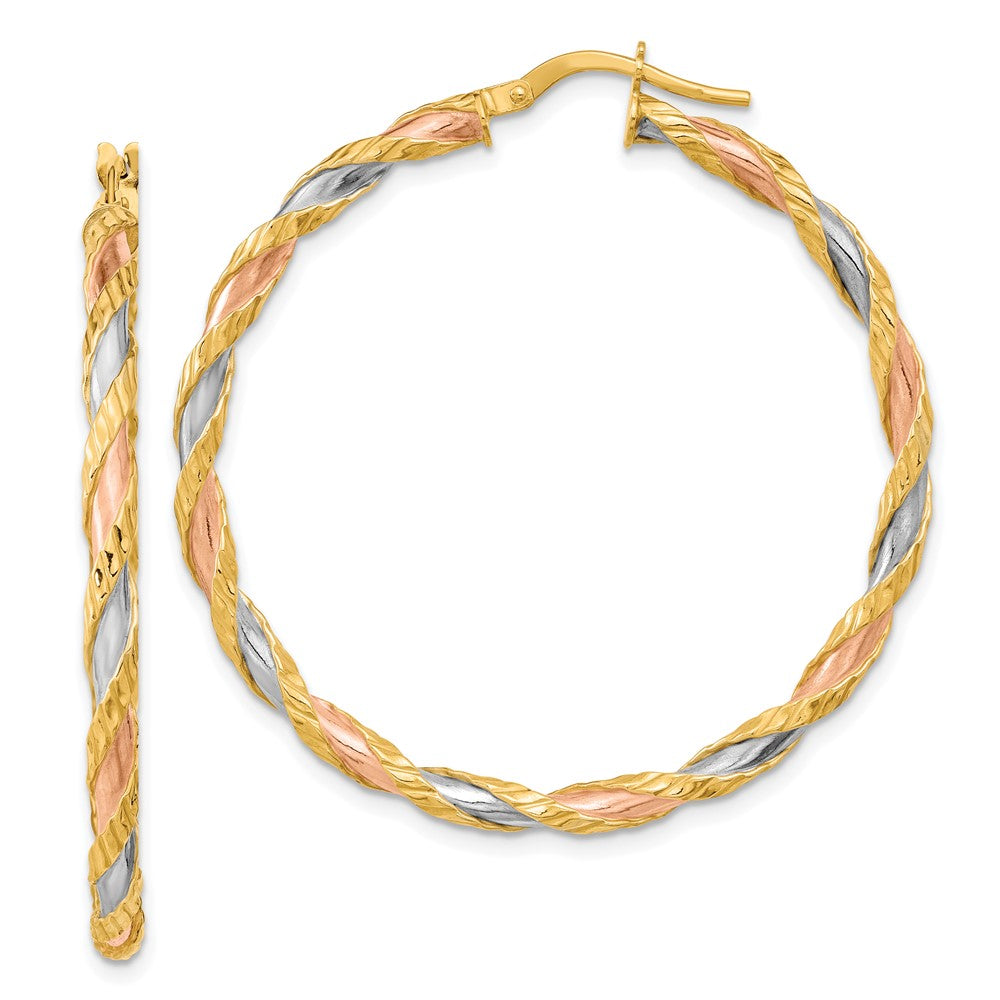 14K Gelb & Rhodium mit Rose Weiß Strukturiert Gedreht Creolen