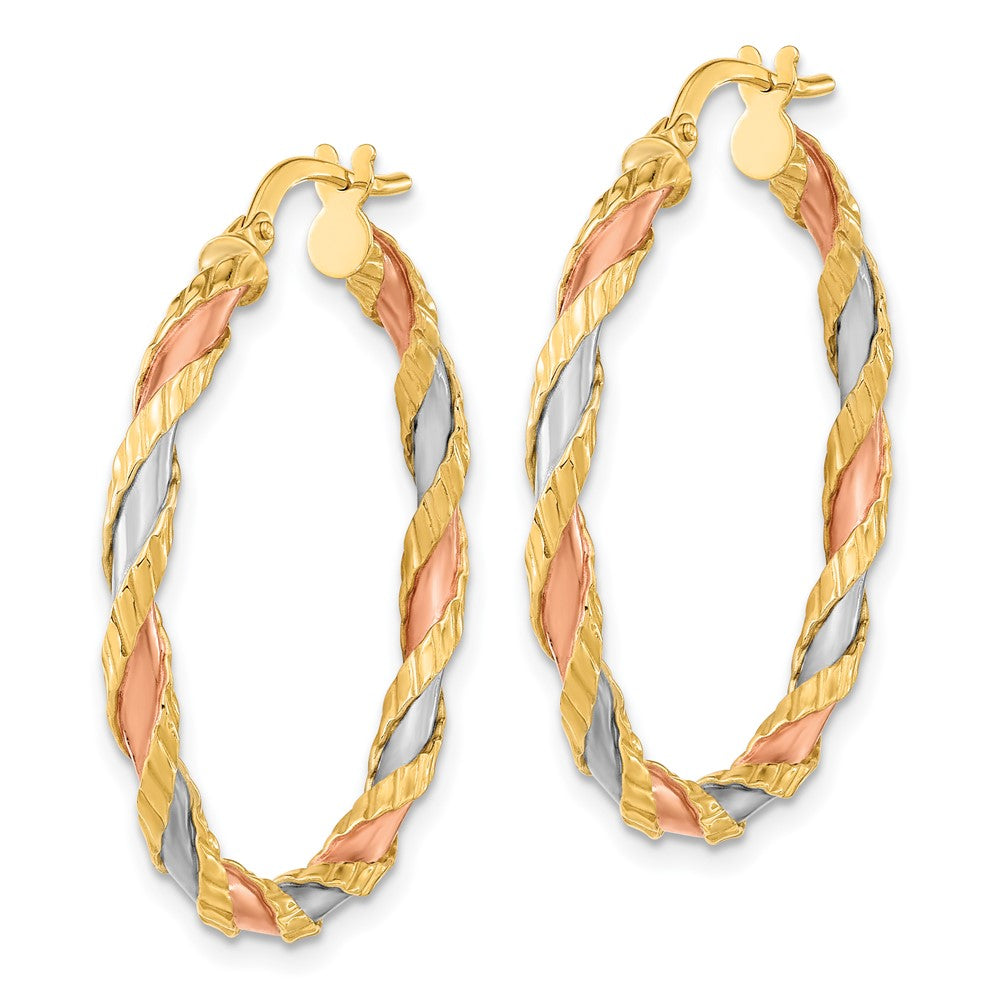 14K Gelb & Rhodium mit Rose und Weiß Strukturiert Gedreht Creolen