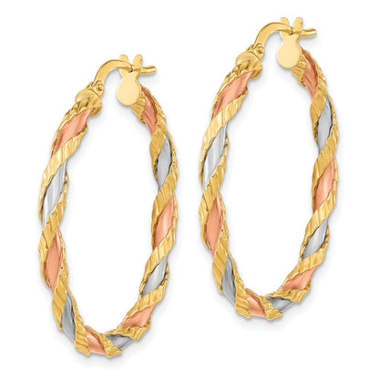 14K Gelb & Rhodium mit Rose und Weiß Strukturiert Gedreht Creolen