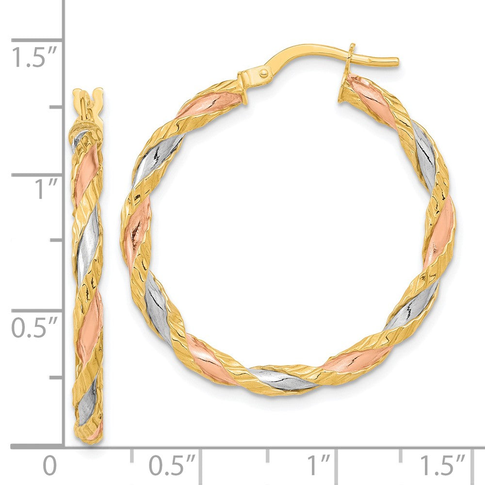 14K Gelb & Rhodium mit Rose und Weiß Strukturiert Gedreht Creolen