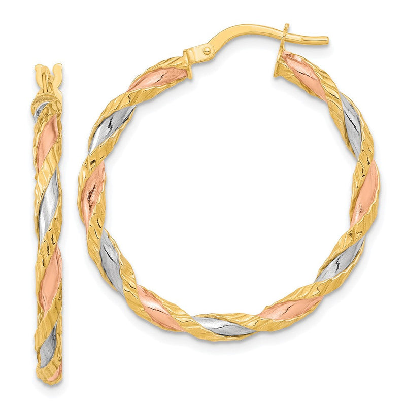 14K Gelb & Rhodium mit Rose und Weiß Strukturiert Gedreht Creolen