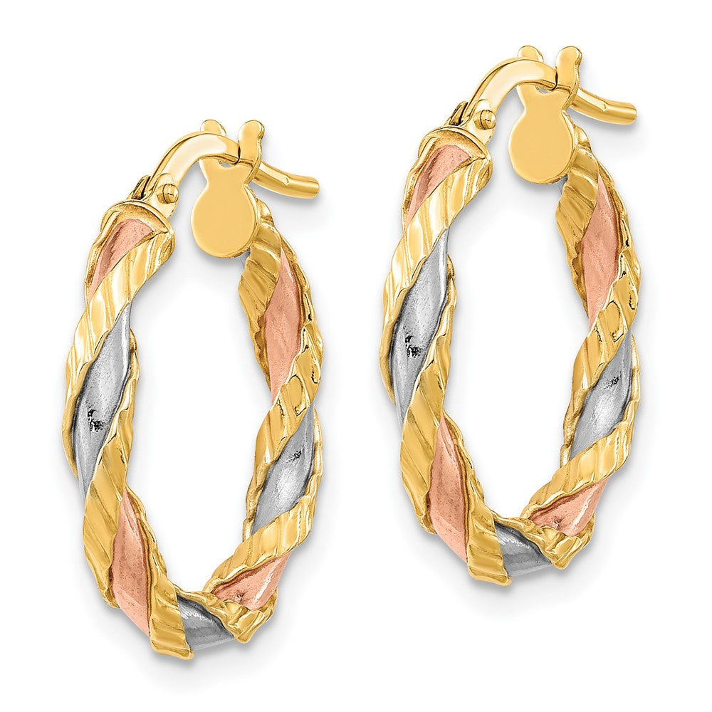 14K Gelb & Rhodium mit Rose Weiß Strukturiert Gedreht Creolen