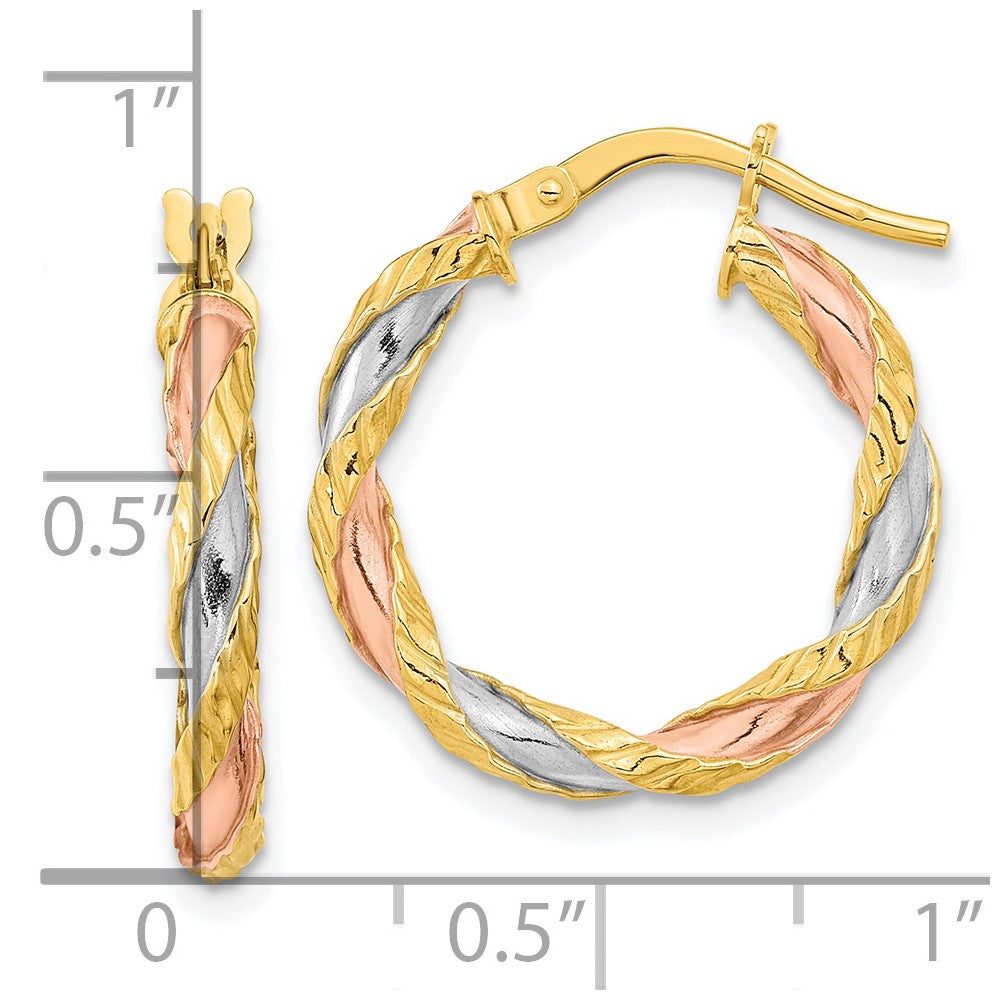 14K Gelb & Rhodium mit Rose Weiß Strukturiert Gedreht Creolen