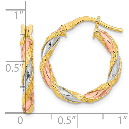 14K Gelb & Rhodium mit Rose Weiß Strukturiert Gedreht Creolen