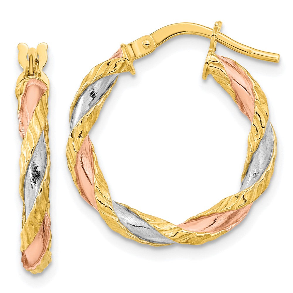 14K Gelb & Rhodium mit Rose Weiß Strukturiert Gedreht Creolen