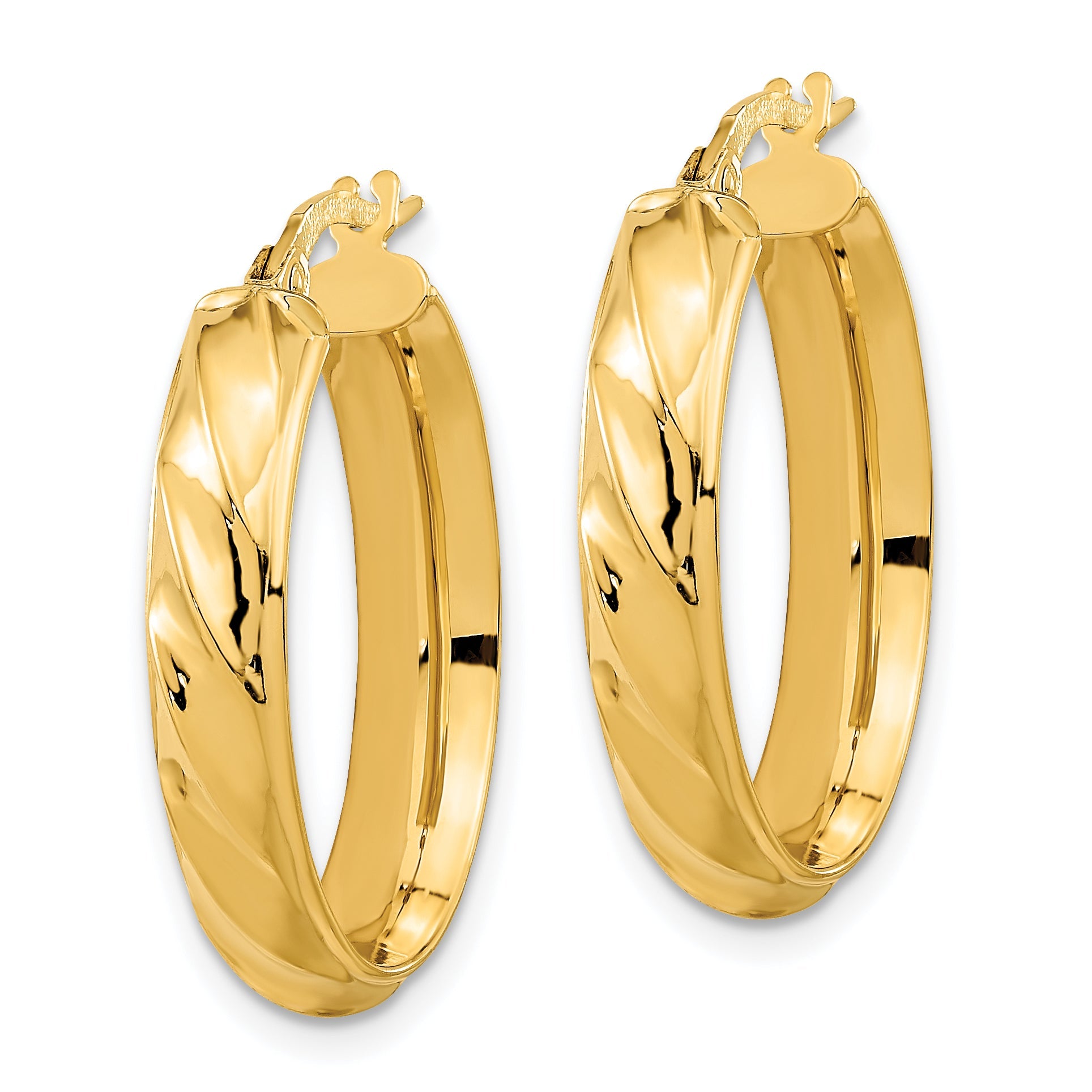14K Gelbgold Poliert und Gedreht Oval Creolen