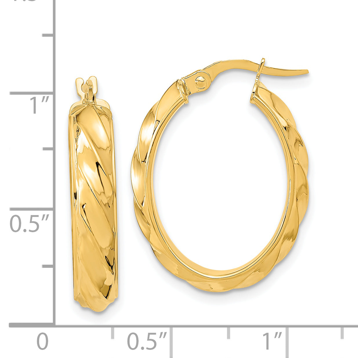 14K Gelbgold Poliert und Gedreht Oval Creolen