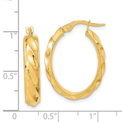 14K Gelbgold Poliert und Gedreht Oval Creolen