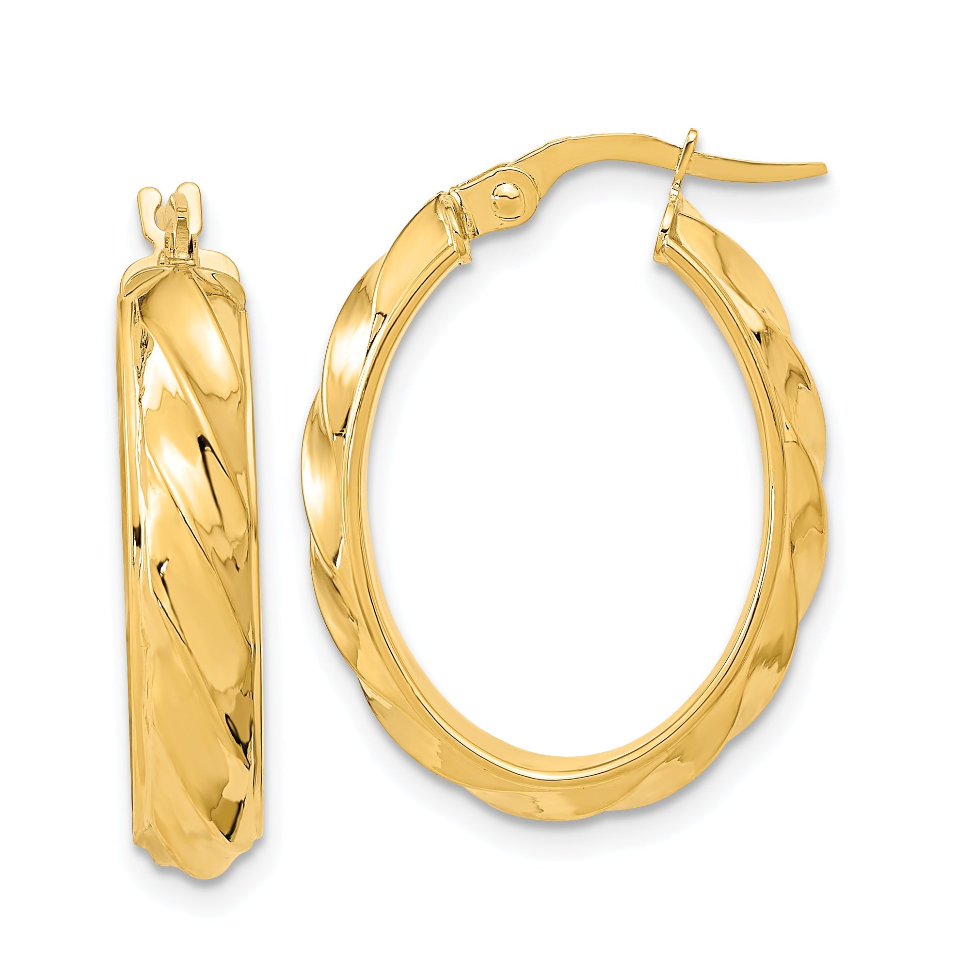 14K Gelbgold Poliert und Gedreht Oval Creolen