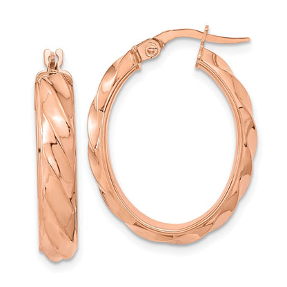 14K Roségold Poliert und Gedreht Oval Creolen