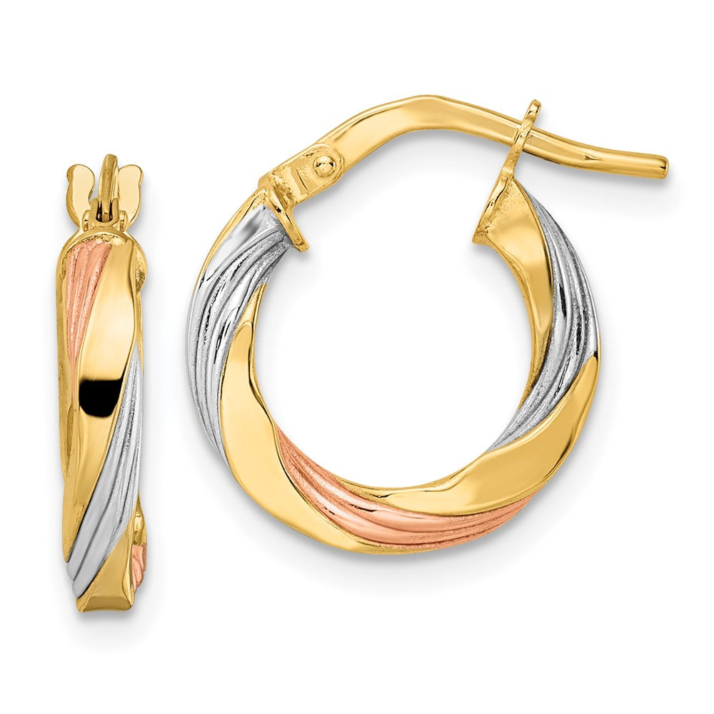 14K Gelb & Rhodium mit Rose Weiß Poliert Gedreht Creolen