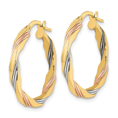 14K Gelb & Rhodium mit Rose Weiß Poliert Gedreht Creolen