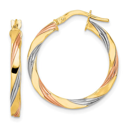 14K Gelb & Rhodium mit Rose Weiß Poliert Gedreht Creolen