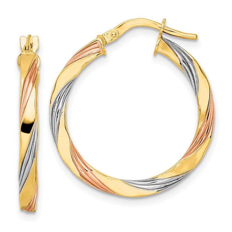 14K Gelb & Rhodium mit Rose Weiß Poliert Gedreht Creolen
