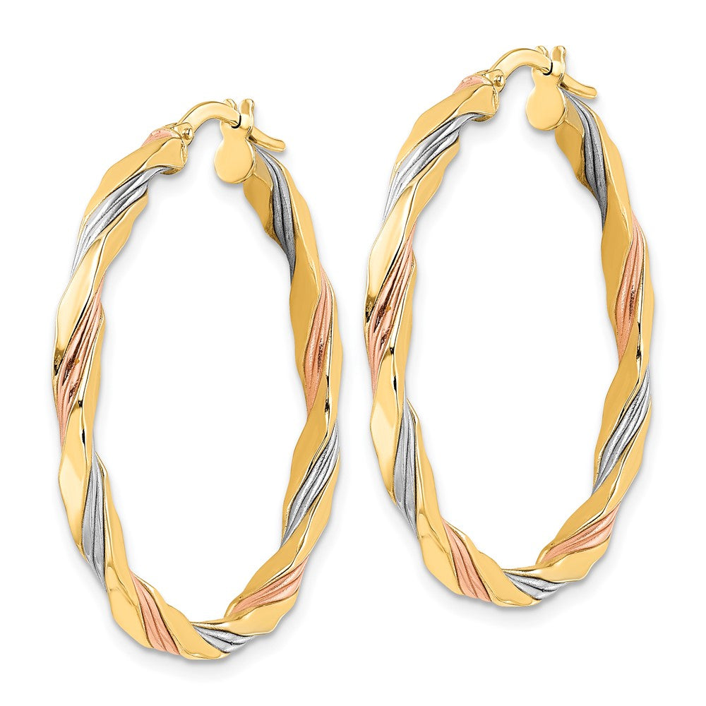 14K Gelb & Rhodium mit Rose Weiß Poliert Gedreht Creolen