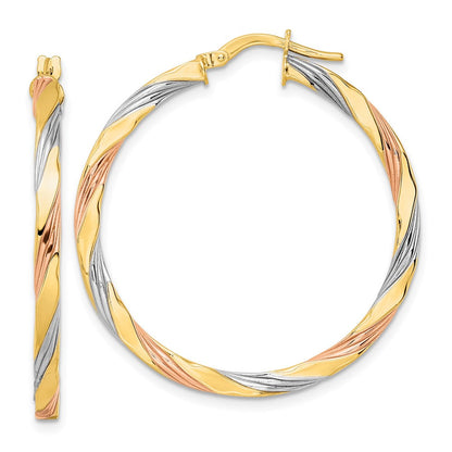 14K Gelb & Rhodium mit Rose Weiß Poliert Gedreht Creolen