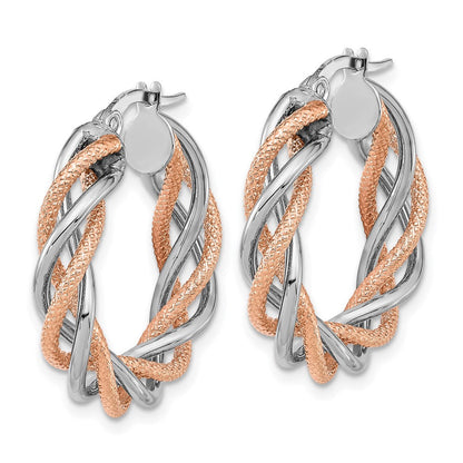14K Weißgold Rose Rhodium Poliert und Strukturiert Gedreht Creolen