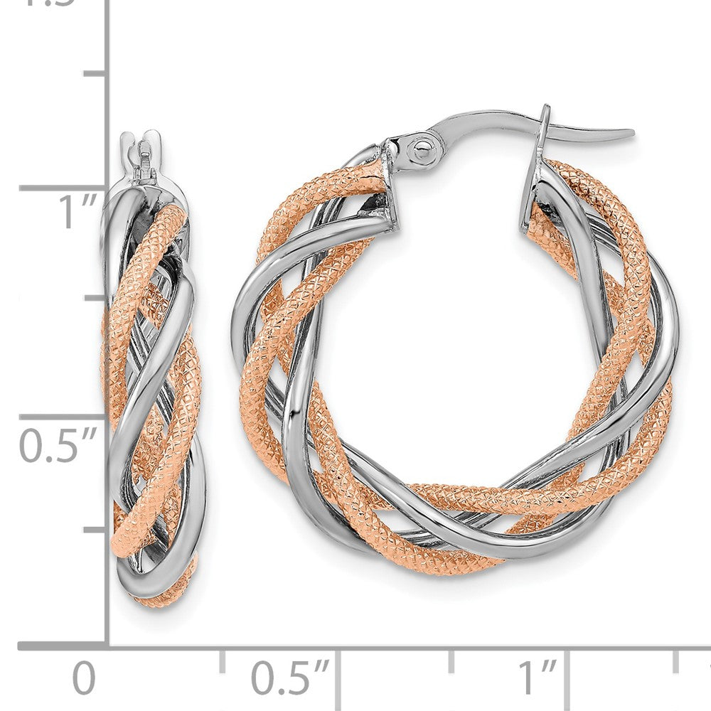 14K Weißgold Rose Rhodium Poliert und Strukturiert Gedreht Creolen