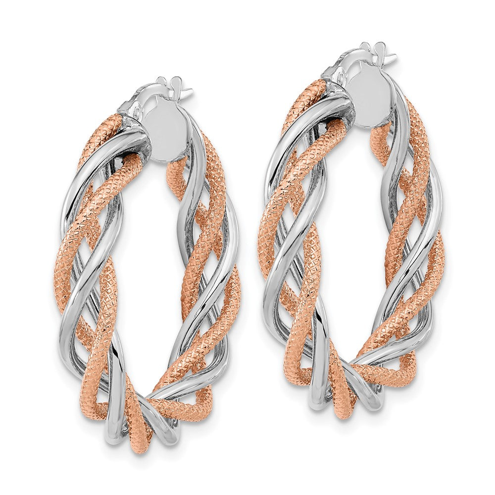 14K Weißgold Rose Rhodium Poliert und Strukturiert Gedreht Creolen
