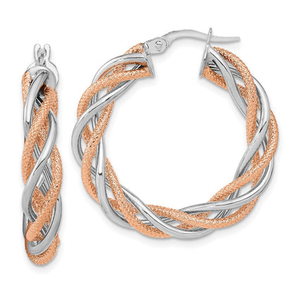 14K Weißgold Rose Rhodium Poliert und Strukturiert Gedreht Creolen