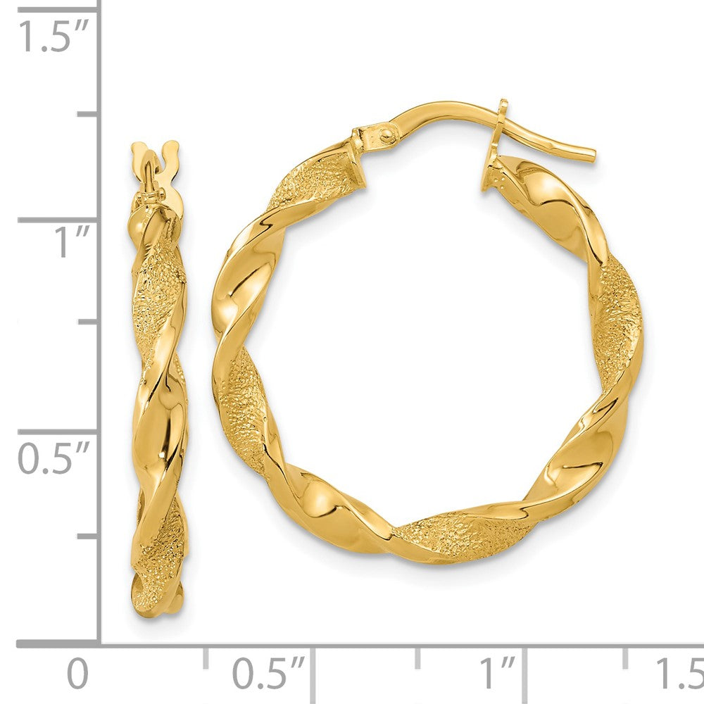 14K Gelbgold Poliert und Strukturiert Gedreht Creolen