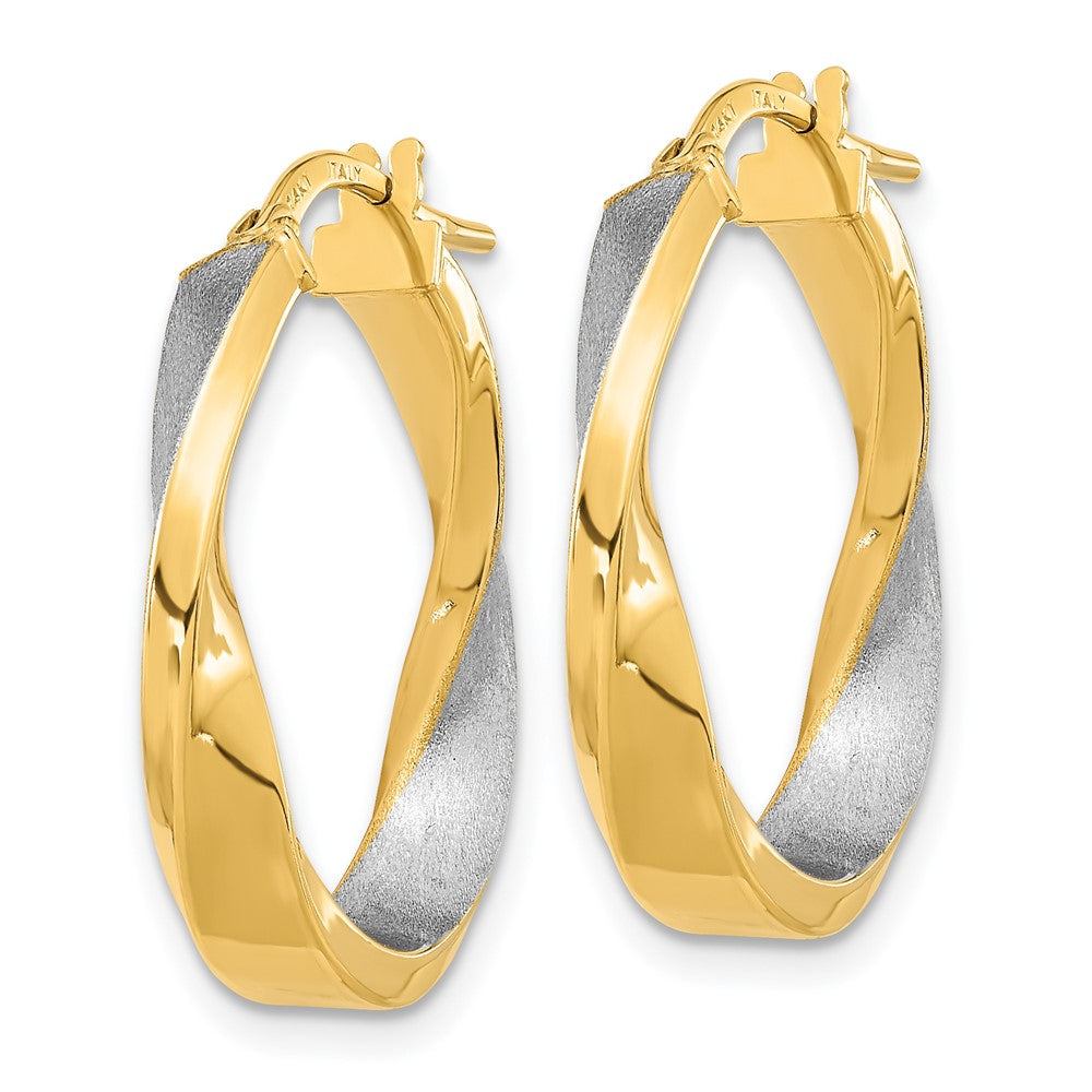 14K Gelb & Rhodium mit Weiß Poliert und Satiniert Oval Gedreht Creolen