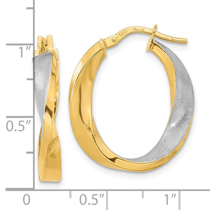 14K Gelb & Rhodium mit Weiß Poliert und Satiniert Oval Gedreht Creolen