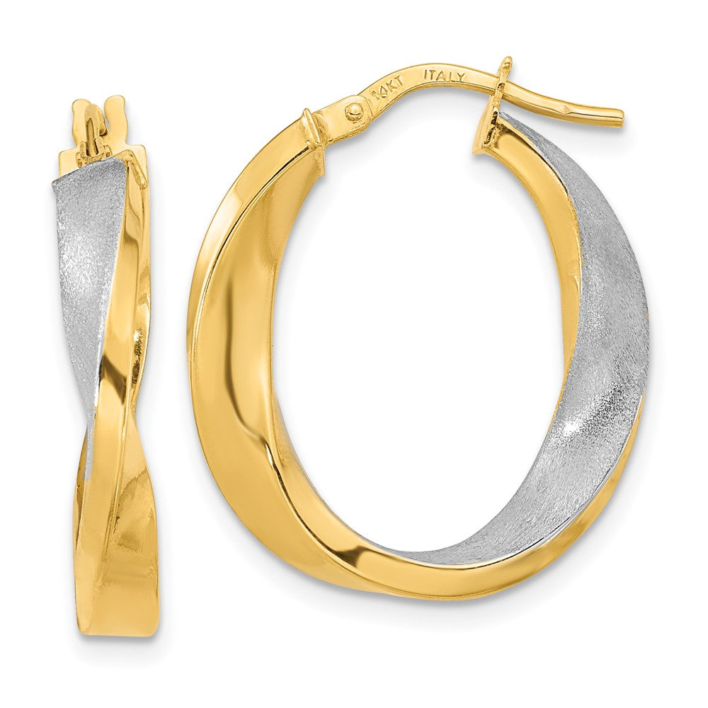 14K Gelb & Rhodium mit Weiß Poliert und Satiniert Oval Gedreht Creolen