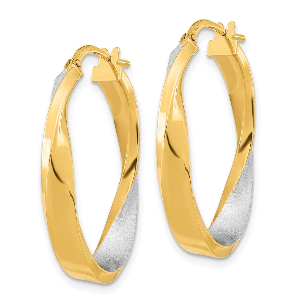 14K Gelb & Rhodium mit Weiß Poliert und Satiniert Oval Gedreht Creolen