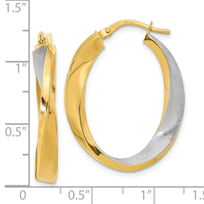 14K Gelb & Rhodium mit Weiß Poliert und Satiniert Oval Gedreht Creolen