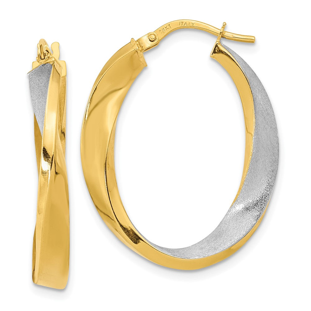 14K Gelb & Rhodium mit Weiß Poliert und Satiniert Oval Gedreht Creolen