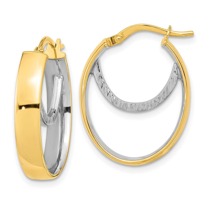 14K Bicolor Poliert Diamantiert Fantasie Oval Creolen