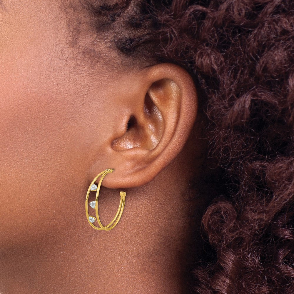 14K Gelb & Rhodium Weiß Poliert Zirkonia Stecker Creolen