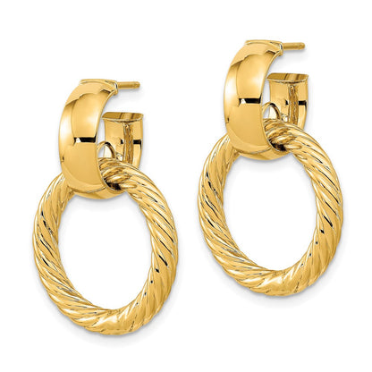 14K Gelbgold Poliert und Strukturiert Fantasie Hängend Stecker Creolen