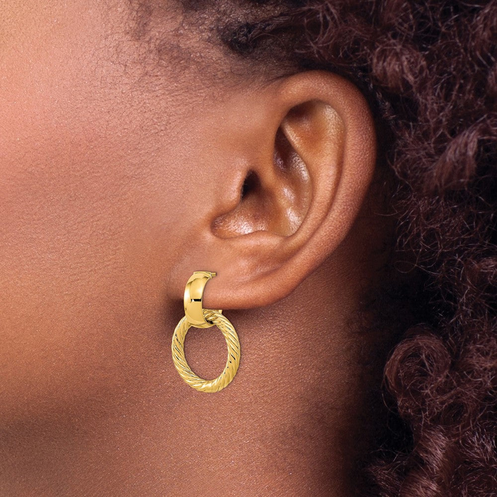14K Gelbgold Poliert und Strukturiert Fantasie Hängend Stecker Creolen
