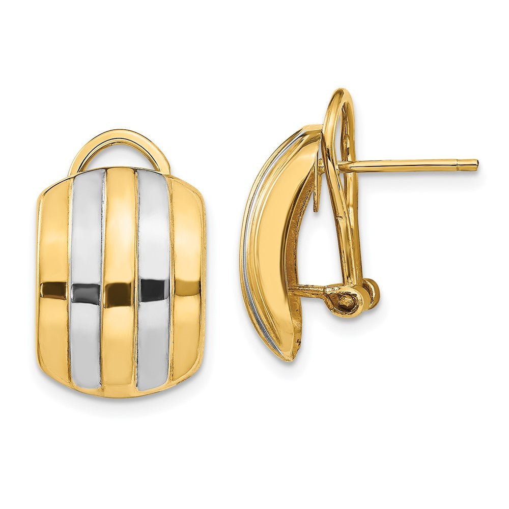 14K Gelb & Rhodium Ribbed Omega Rückseite Ohrstecker