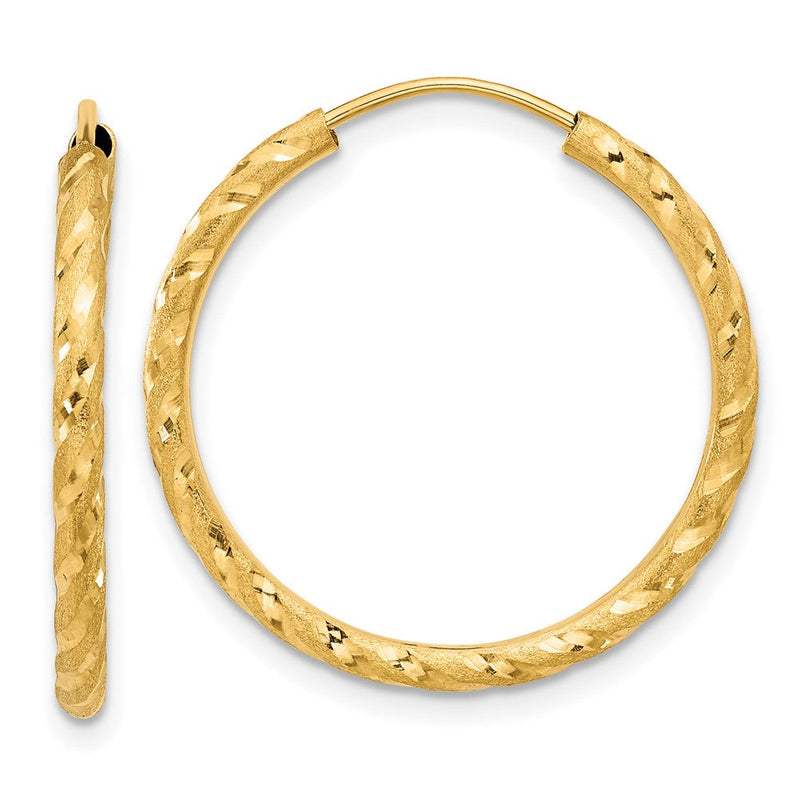14K Gelbgold Poliert und Satiniert Diamantiert 2.00mm Endlos Creolen