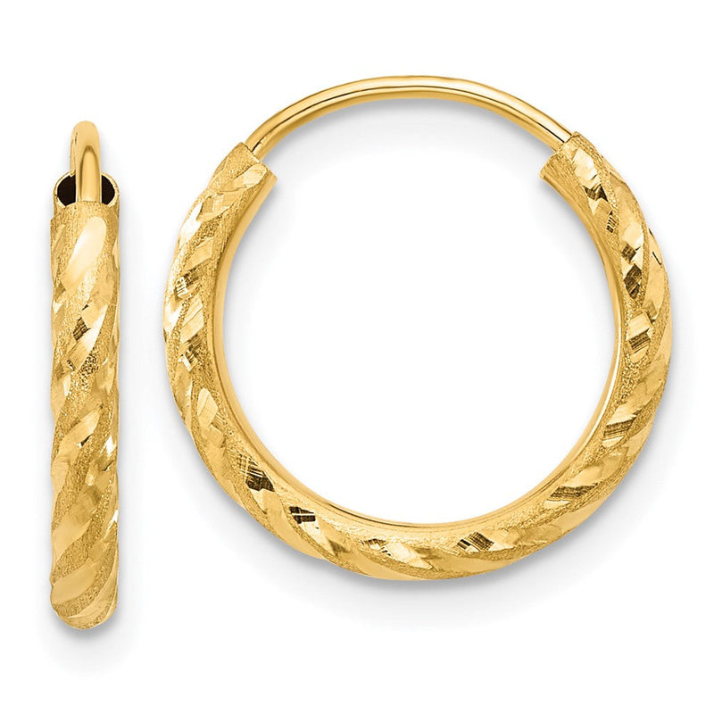 14K Gelbgold Poliert und Satiniert Diamantiert 2.00mm Endlos Creolen
