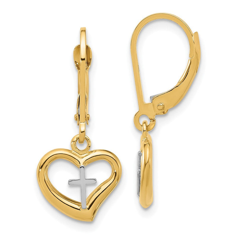 14K Bicolor Poliert Kreuz in Herz Brisur Ohrhänger