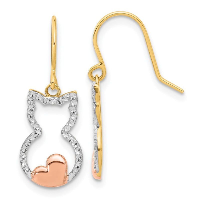 14K Gelb & Rhodium mit Rose und Weiß Rhodium Diamantiert Katze Outline Ohrhänger