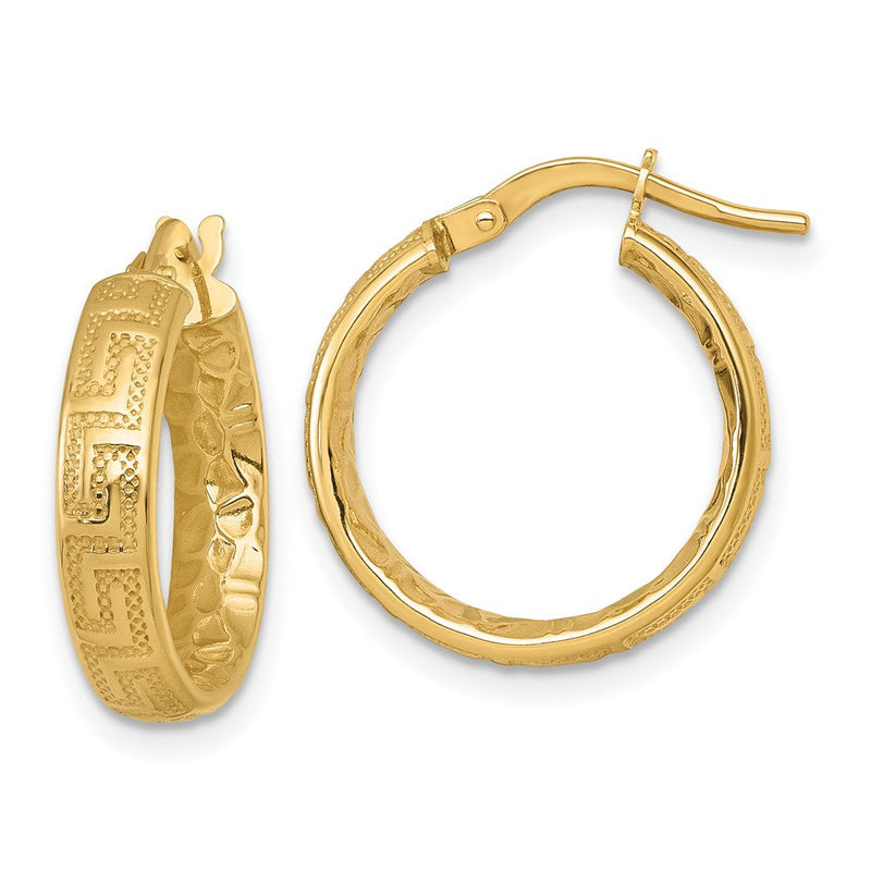 14K Gelbgold Poliert Strukturiert 4mm Greek Key Strukturiert Inside Klappbar Creolen